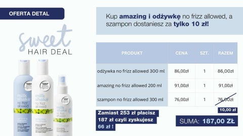 MILK SHAKE ZEZTAW SWEET DEAL - SZAMPON 300ML, ODŻYWKA 300 ML AMAZING NO FRIZZ ALLOWED 200ML