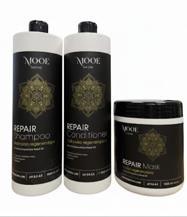 MOOE REPAIR ZESTAW REGENERUJĄCY Z KERATYNĄ - SZAMPON 1000ML + MASKA 1000ML + ODŻYWKA 1000ML.