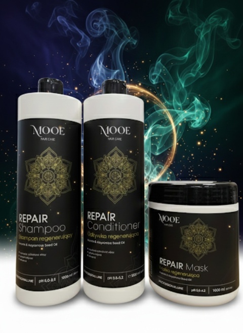 MOOE REPAIR ZESTAW REGENERUJĄCY Z KERATYNĄ - SZAMPON 1000ML + MASKA 1000ML + ODŻYWKA 1000ML.
