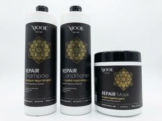 MOOE REPAIR ZESTAW REGENERUJĄCY Z KERATYNĄ - SZAMPON 1000ML + MASKA 1000ML + ODŻYWKA 1000ML.