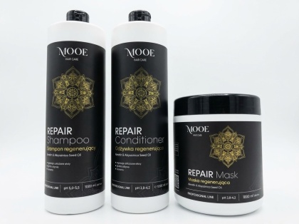 MOOE REPAIR ZESTAW REGENERUJĄCY Z KERATYNĄ - SZAMPON 1000ML + MASKA 1000ML + ODŻYWKA 1000ML.
