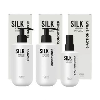 ZESTAW Regeneracyjny keratynowy do pielęgnacji włosów Carin Silk szampon + odżywka + spray termoochronny