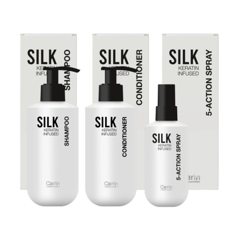 ZESTAW Regeneracyjny keratynowy do pielęgnacji włosów Carin Silk szampon + odżywka + spray termoochronny